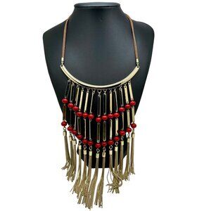 Chico's Necklace Jewelry Bib Statement Red and Gold Tone Fringe Tassel 21"